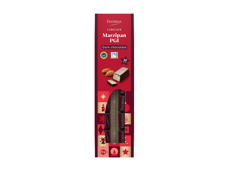 Barras de maçapão com chocolate preto, 10 unidades, 125g.