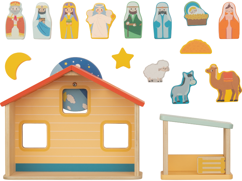 Conjunto de presépio de madeira com figuras de pessoas, animais e edifícios.