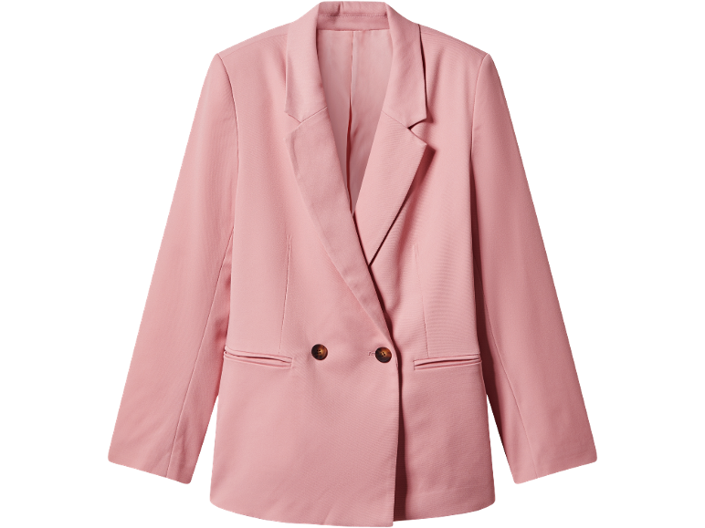 Blazer feminino rosa com abotoamento duplo e bolsos com aba