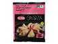 Embalagem rosa e preta para dumplings picantes de vegetais, 400g, com selo vegan.