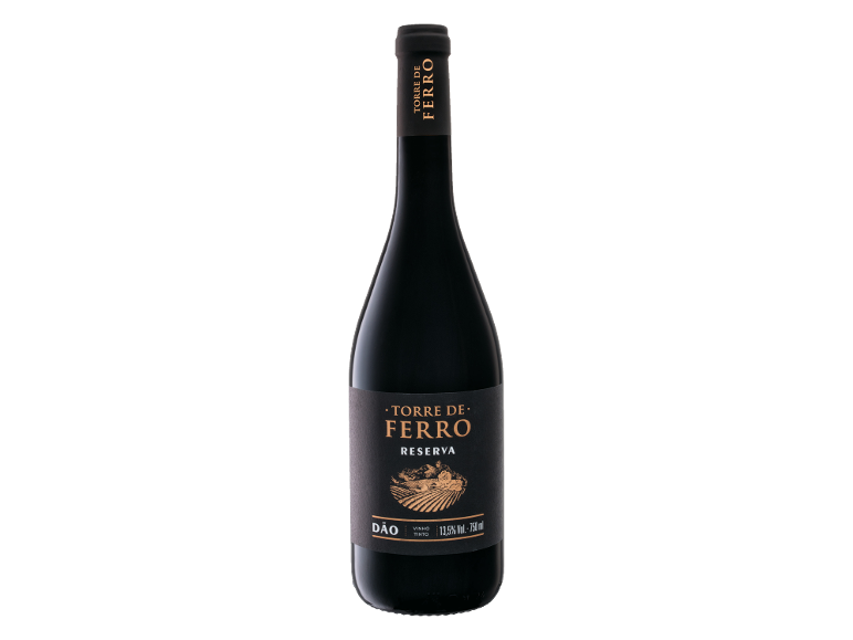 Garrafa de vinho tinto com rótulo preto e letras douradas, 13,5% Vol.