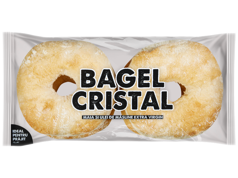 Embalagem de dois bagels, com o texto 'BAGEL CRISTAL' e 'FERMENTO E AZEITE VIRGEM EXTRA'.