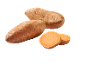 Batatas doces inteiras e fatiadas com polpa laranja.