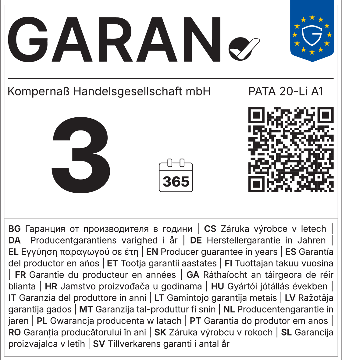 Garantia do produtor de 3 anos, 365 dias, PATA 20-Li A1, com código QR.