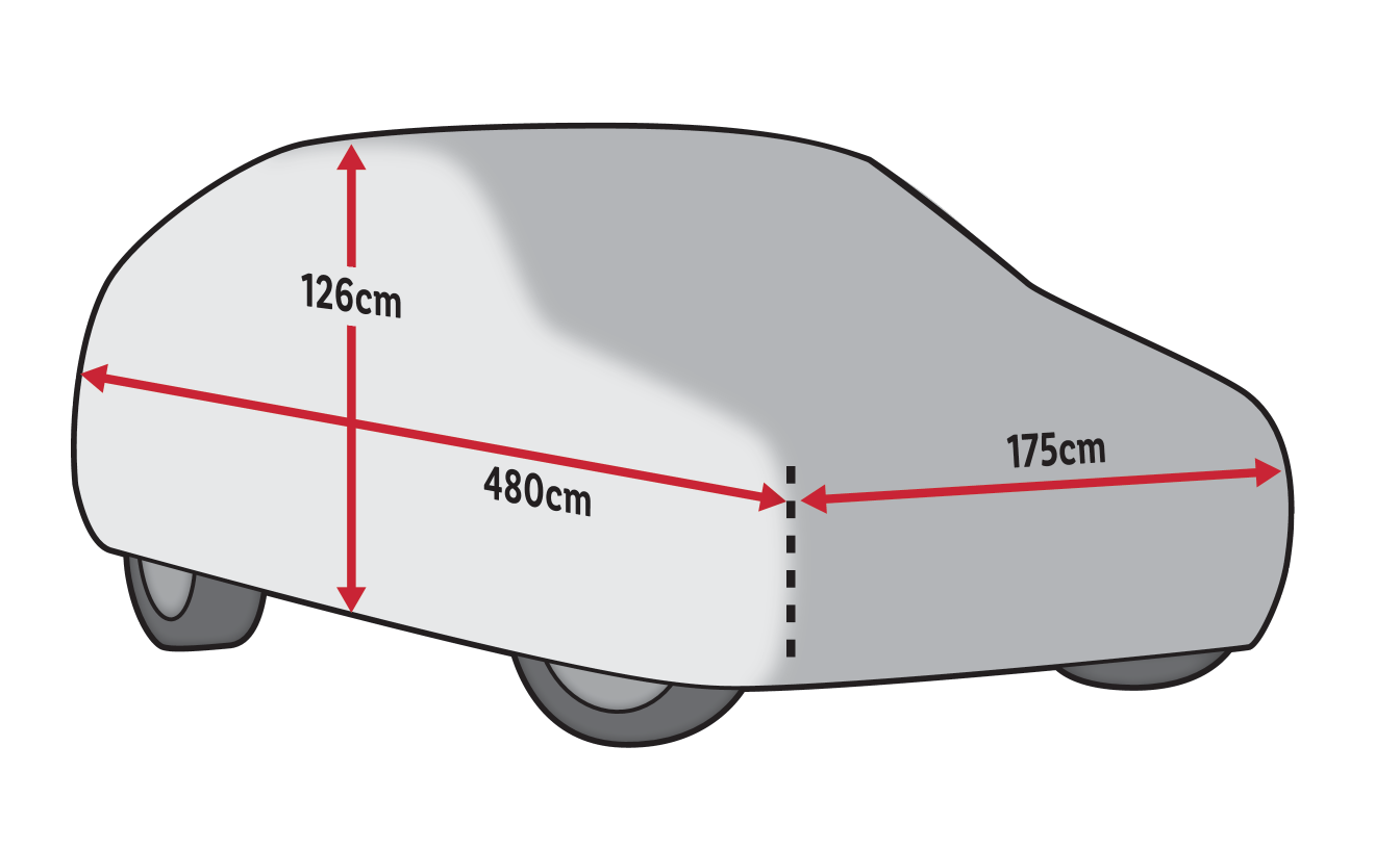 Dimensões da capa de carro: 126cm altura, 480cm comprimento, 175cm largura.
