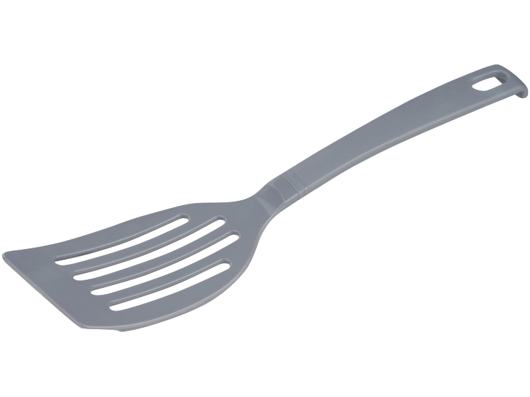 Espátula de cozinha cinzenta com ranhuras e cabo com orifício para pendurar.