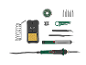 Kit de soldadura com ferro de soldar, suporte, estanho, bomba de dessoldar e acessórios.