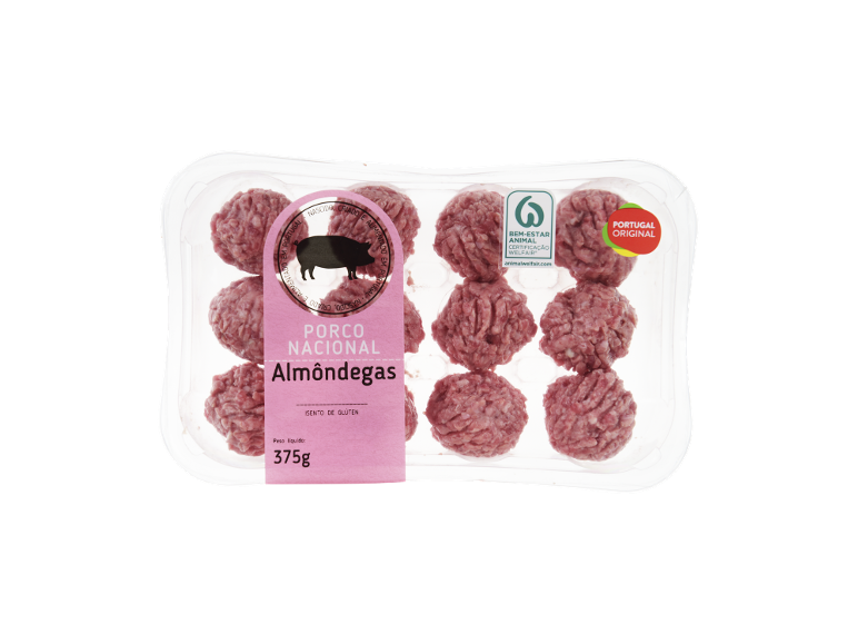 Embalagem de almôndegas de porco Porco Nacional, 375g, sem glúten, com certificação de bem-estar animal.