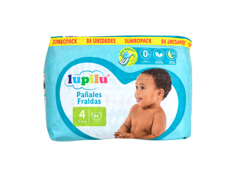 Pacote de fraldas para bebé tamanho 4 (9-14 kg) com 84 unidades, com um bebé e informações do produto.