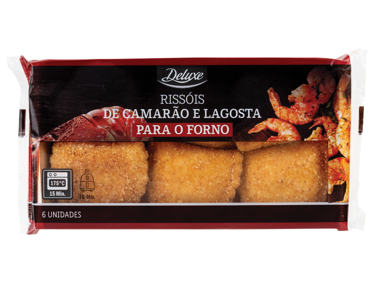 Embalagem de rissóis de camarão e lagosta para o forno, 6 unidades, com instruções de preparação.