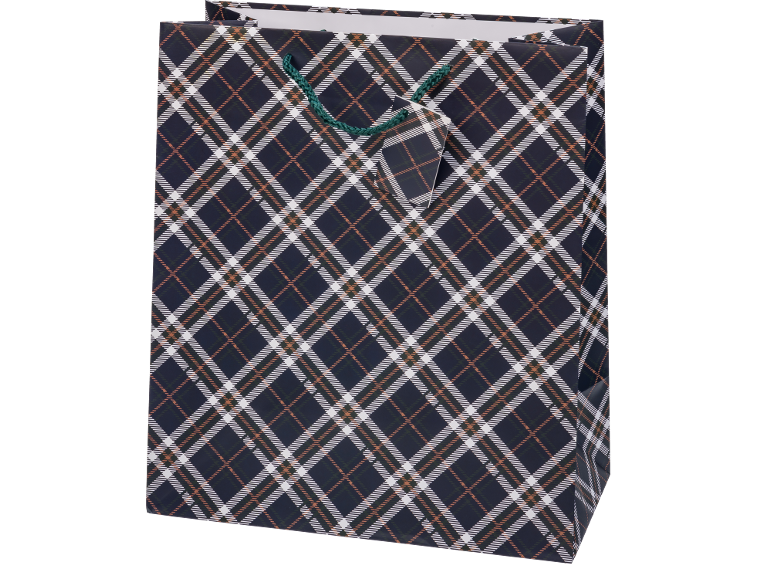 Saco de presente com padrão xadrez azul marinho, branco e laranja com alças verdes.