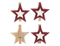 Quatro molas de madeira em forma de estrela, três vermelhas com uma estrela branca, uma de madeira natural.