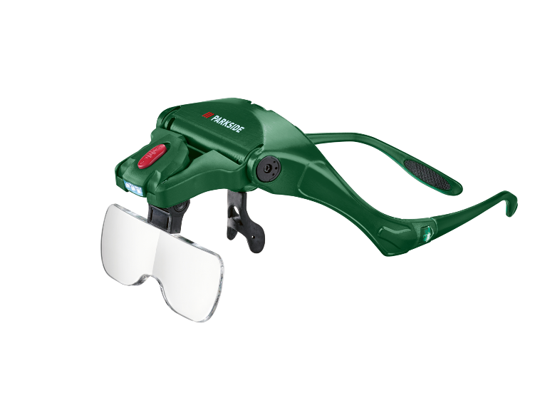 Óculos de aumento verdes com montagem na cabeça, luz LED integrada e botão vermelho.