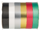 Rolos de fitas em várias cores: preto, branco, prata, dourado, vermelho e verde.