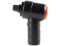 Pistola de massagem preta com detalhes laranja e pega texturizada.