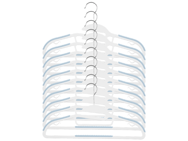 Pilha de 11 cabides brancos com ganchos de metal e detalhes antiderrapantes azuis