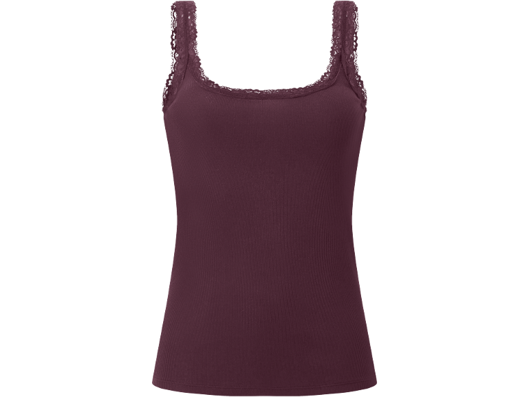 Camisola de alças canelada cor vinho com detalhes em renda.
