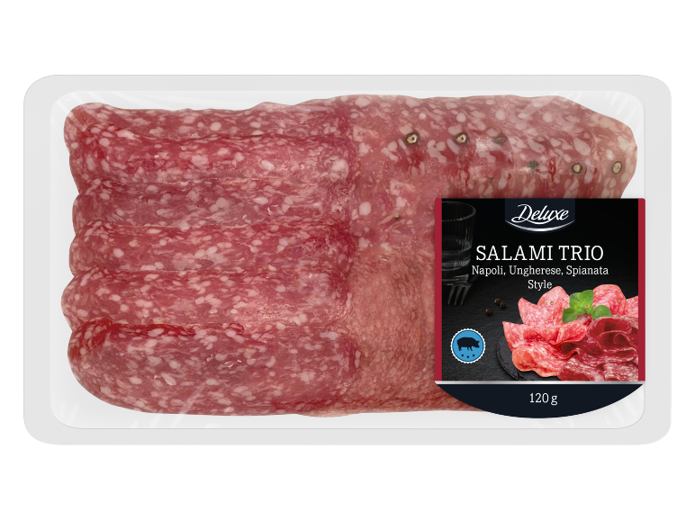 Três tipos de salame fatiado: Napoli, Ungherese e Spianata Style, 120g.