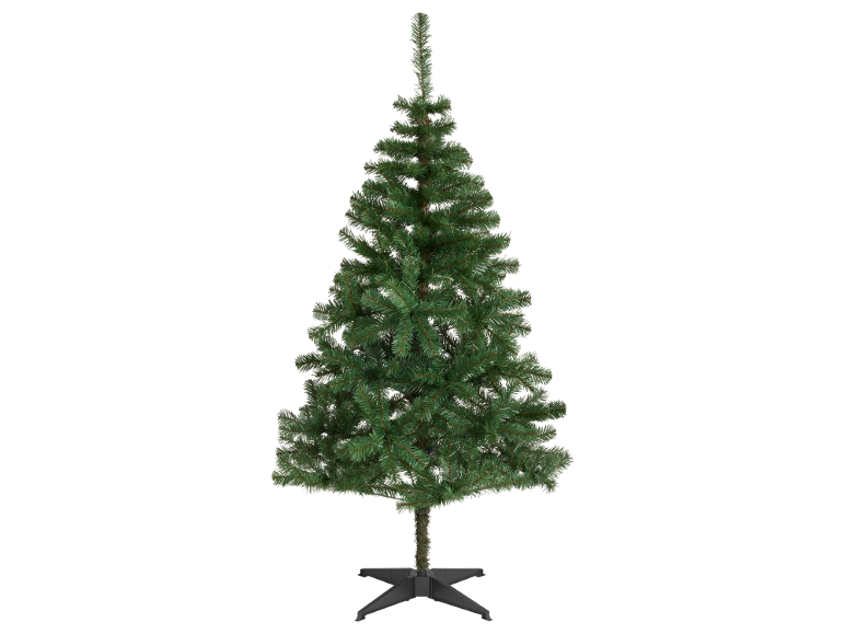 Árvore de Natal artificial verde com base em cruz preta.