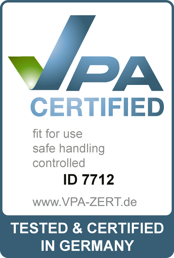 Selo certificado VPA: apto para uso, manuseio seguro, controlado. ID 7712. Testado e certificado na Alemanha.