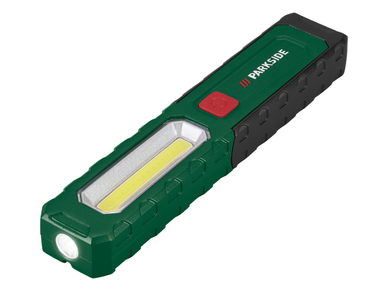 Lanterna de trabalho LED verde e preta com botão vermelho e iluminação lateral