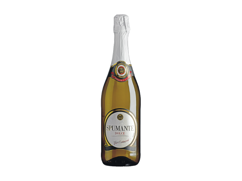 Garrafa de vinho espumante Spumante Dolce com folha branca e rótulos dourados.