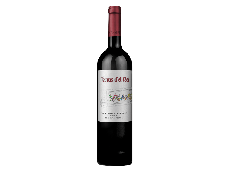 Garrafa de vinho tinto com rótulo 'Terras d'el Rei' e ilustração da vindima.