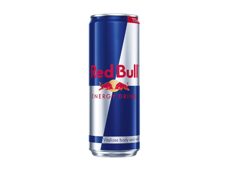 Lata de bebida energética azul e prateada com o texto 'ENERGY DRINK' e dois touros.