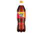Garrafa de refrigerante marrom com rótulo vermelho e amarelo com o texto 'cola küsst orange'.