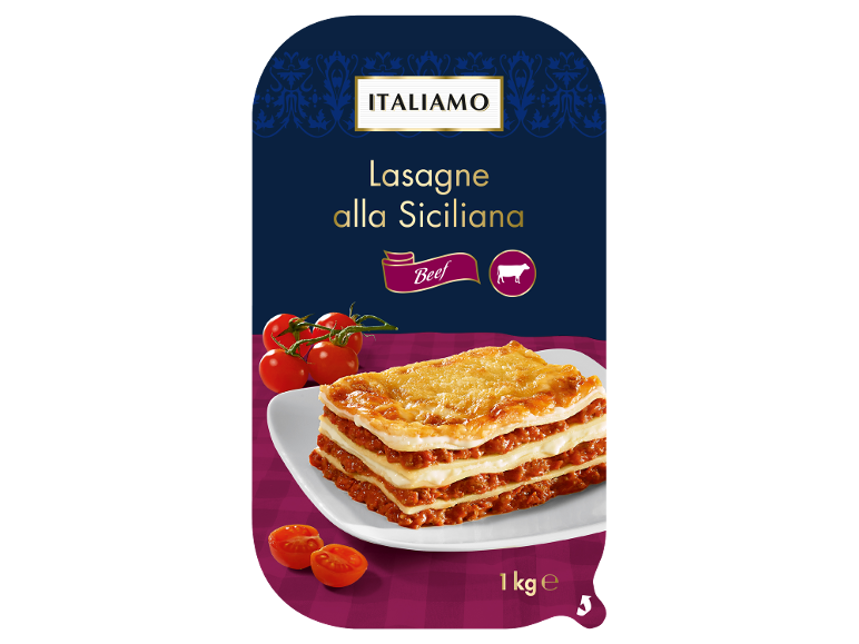 Embalagem de Lasagne alla Siciliana com carne de vaca, 1 kg, com tomates.