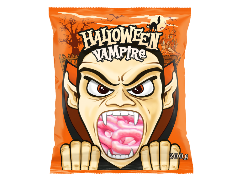Saco de doces de vampiro de Halloween com guloseimas cor-de-rosa, 200g.