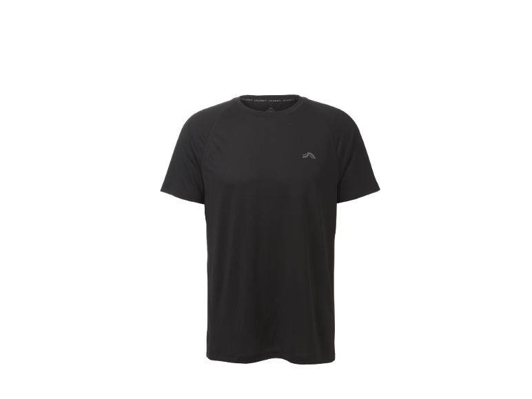 T-shirt desportiva preta de manga curta com um pequeno logótipo no peito.