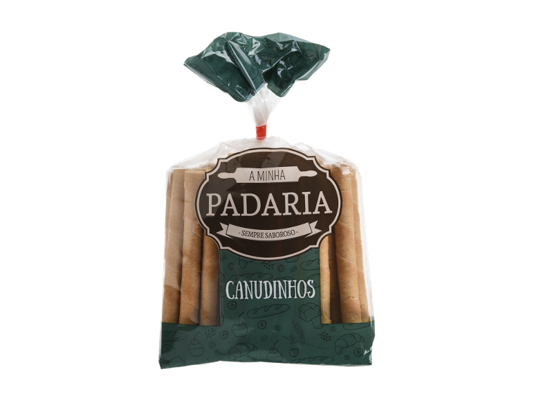 Embalagem de canudinhos de wafer com o texto 'A MINHA PADARIA - SEMPRE SABOROSO - CANUDINHOS'.