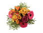Vibrante buquê de flores com gérberas rosa, crisântemos amarelos e rosas laranja.