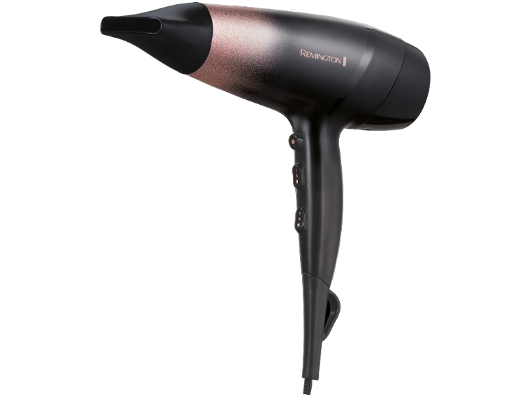 Secador de cabelo preto com detalhes em cobre e três botões na pega.