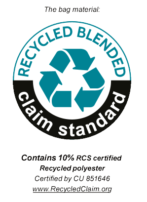 Certificado de material reciclado misto: contém 10% de poliéster reciclado certificado RCS.