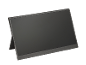 Monitor portátil preto com suporte integrado, ecrã desligado.