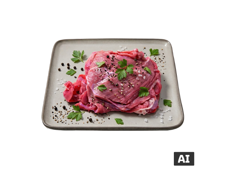 Carne de vaca crua com especiarias e salsa numa bandeja cinzenta. [imagem gerada por IA]
