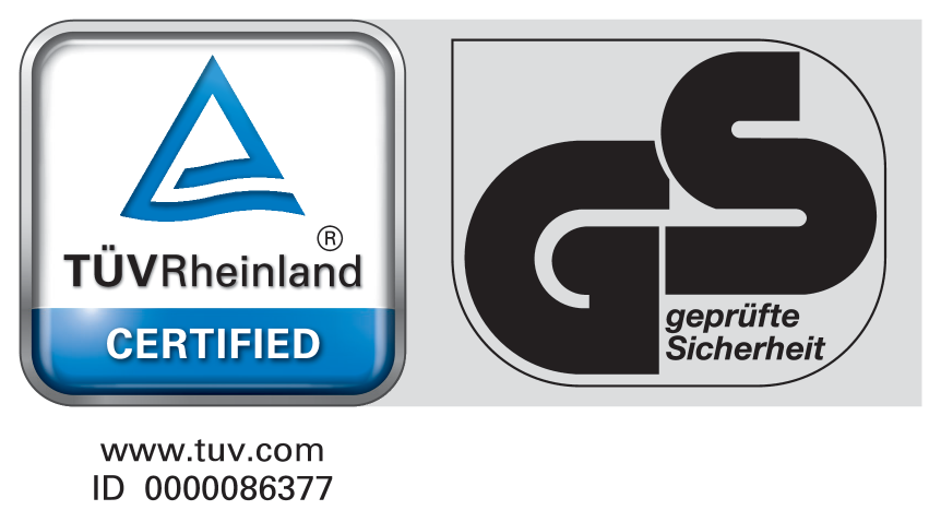 Certificado TÜV Rheinland, GS geprüfte Sicherheit, www.tuv.com, ID 0000086377.