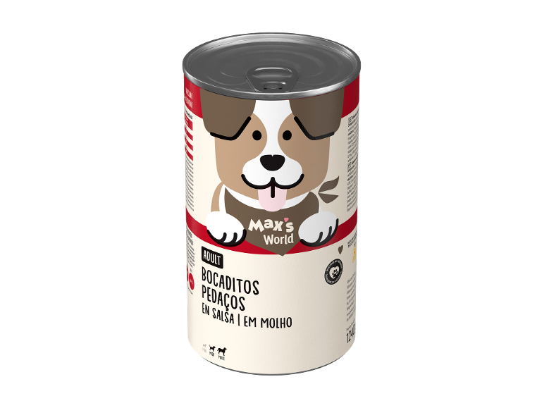 Comida enlatada para cães adultos com pedaços em molho, com um cão de desenho animado.