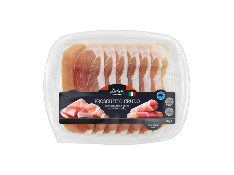 DELUXE Prosciutto Crudo, presunto cru fatiado fino, embalagem de 90g