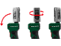Três imagens de uma luz de trabalho com cabeça rotativa e pivotante para iluminação ajustável.