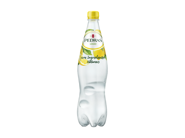 Garrafa de água com gás sabor limão, com rótulo com limões e folhas.