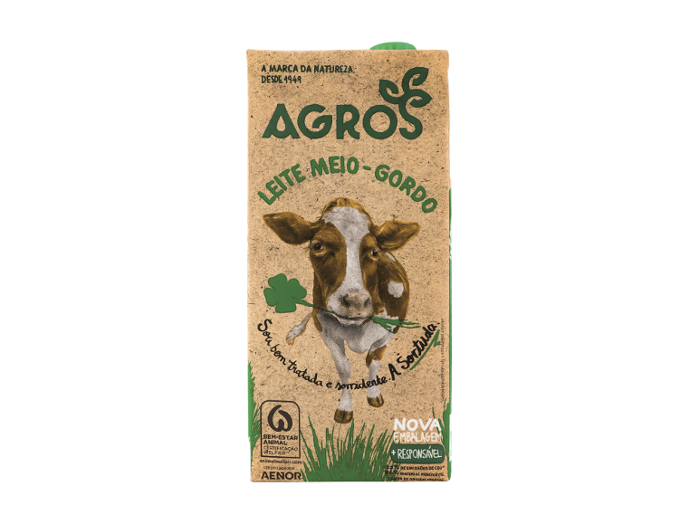 Pacote de leite com uma vaca, texto 'LEITE MEIO-GORDO' e 'NOVA EMBALAGEM + RESPONSÁVEL'.