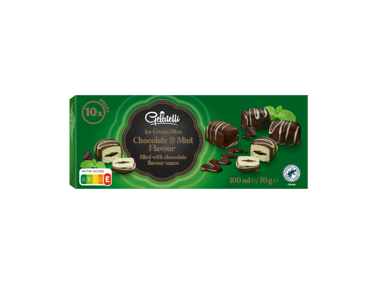 Caixa de 10 pedaços de gelado de chocolate e menta com molho de chocolate, Nutri-Score A.