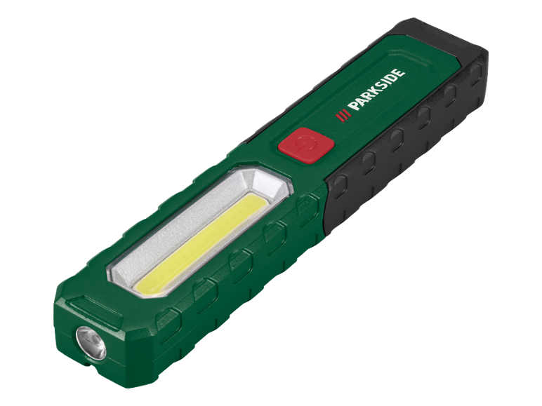 Luz de trabalho LED verde e preta com um botão vermelho e uma faixa de luz amarela.