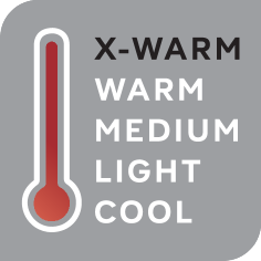 Termómetro com níveis de calor: X-WARM, WARM, MEDIUM, LIGHT, COOL.