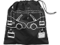Saco preto com cordão e diagrama branco que mostra como fazer uma ligação direta a um carro.