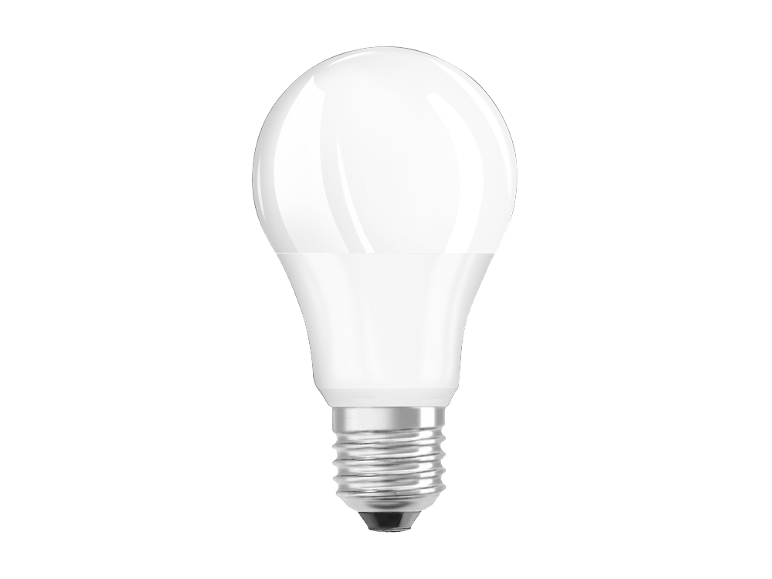Lâmpada LED branca com base metálica sobre fundo preto.