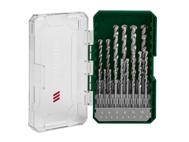 Conjunto de brocas para betão em caixa verde, com dimensões de 6, 8 e 10 mm.